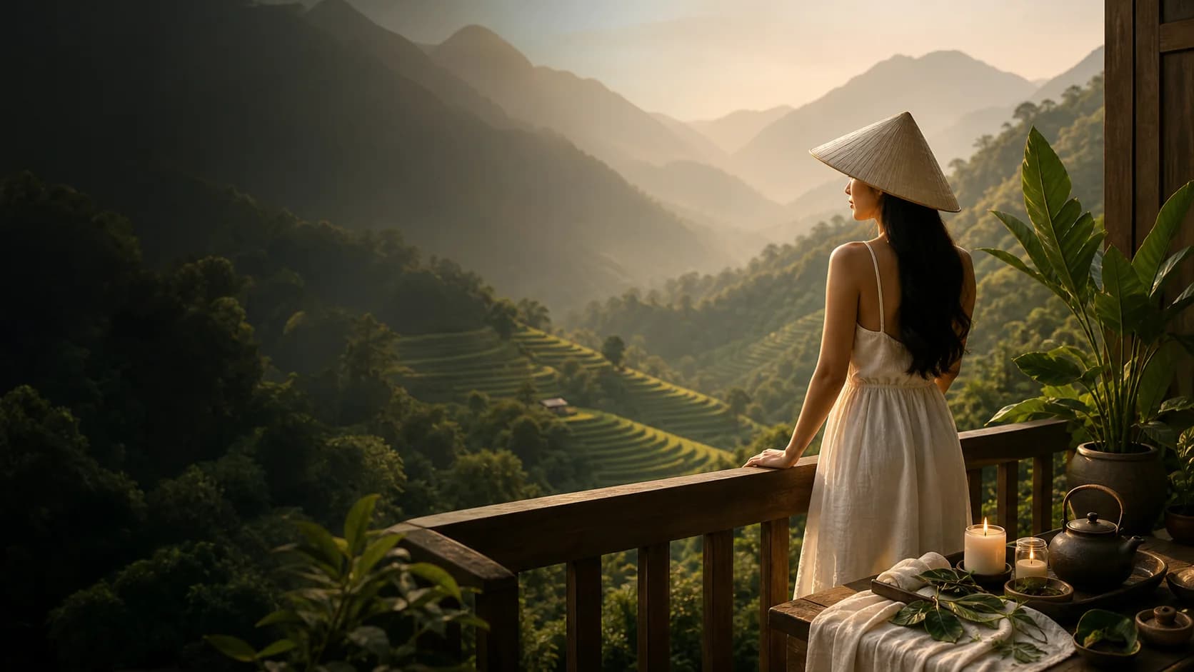 Du khách ngắm cảnh núi và ruộng bậc thang tại Việt Nam